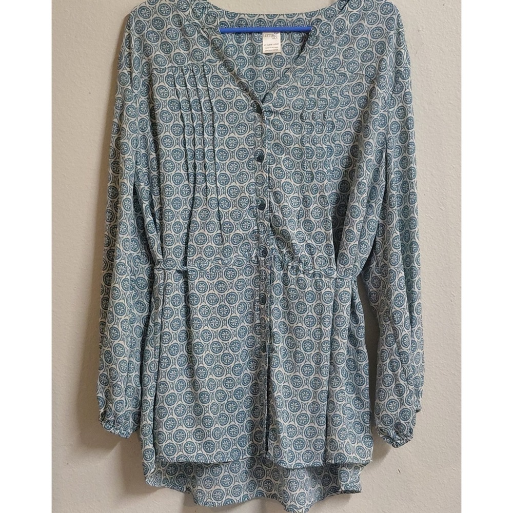Terra & Sky Women's 1X 16W-18W Blue White Geometric Print Tunic Blouse Tie Waist
